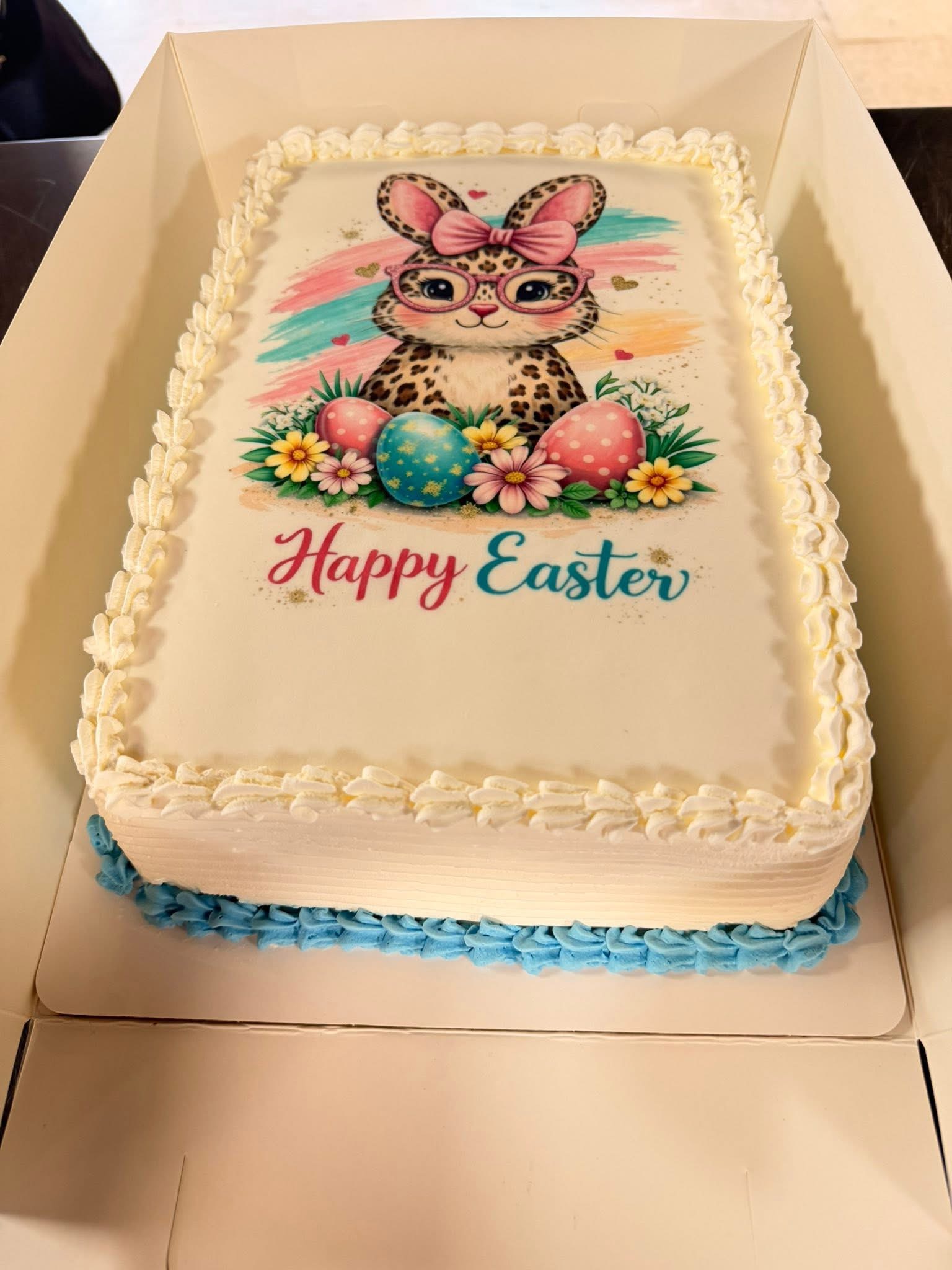 Happy Easter sheet cake decorated with leopard bunny print