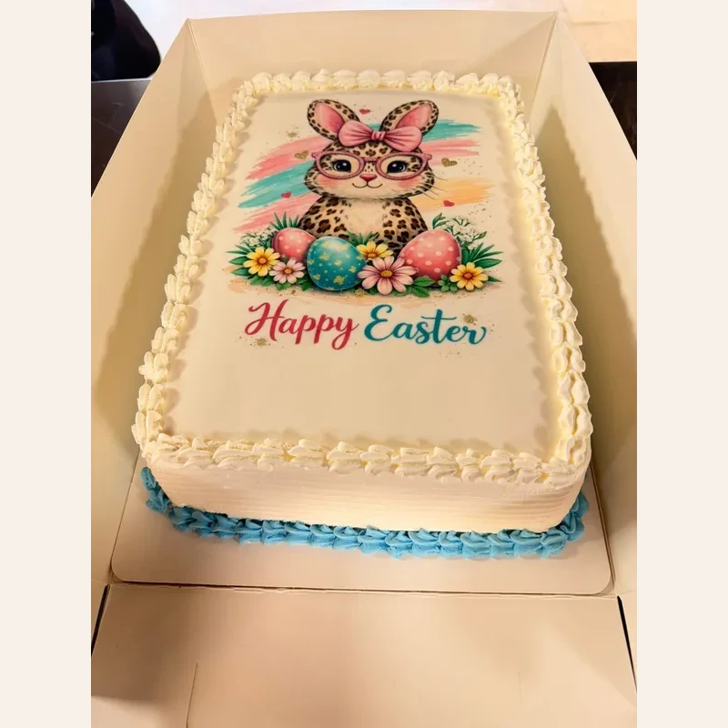 Happy Easter sheet cake decorated with leopard bunny print