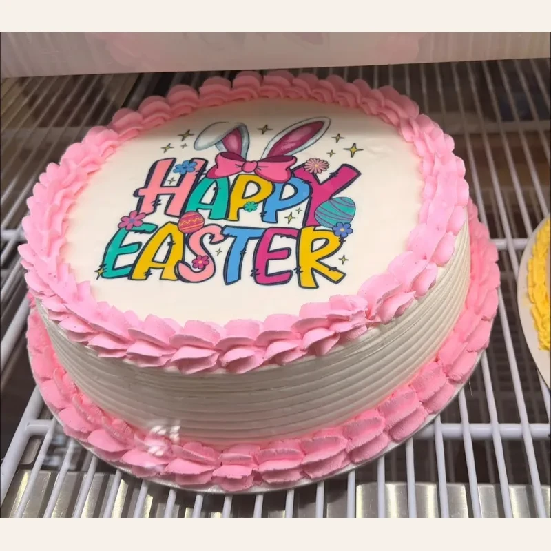 Happy Easter custom cake with pink frosting borders