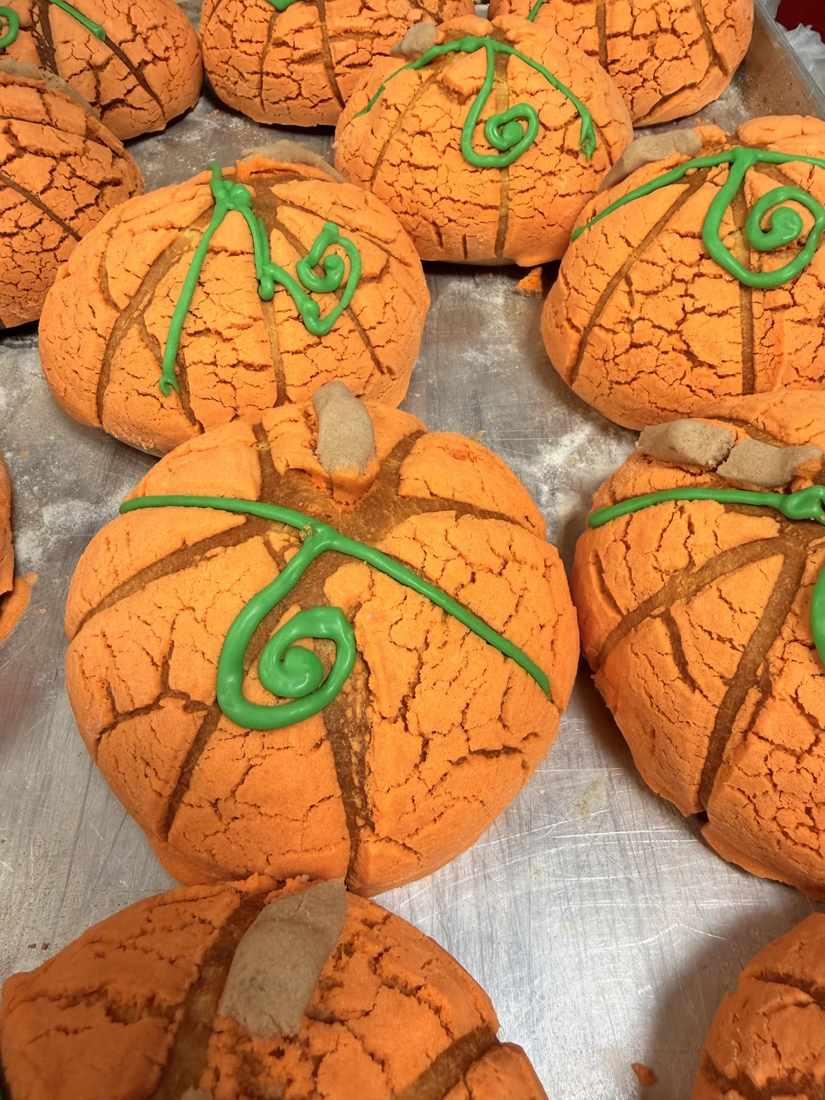 Freshly baked pumpkin shaped Mexican conchas pan dulce with orange sugar crust